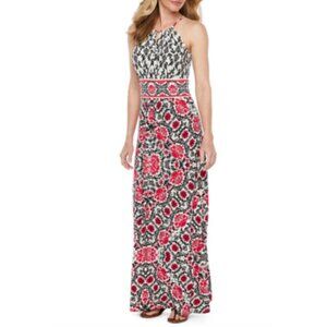 London Style Red Black Floral Print Keyhole Halter Maxi Dress Size 18 2X Plus